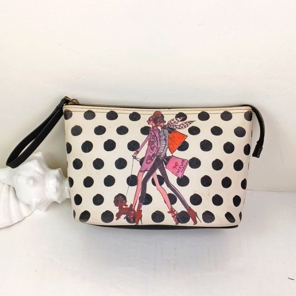 ♥️Bundle Only♥️  IZAK  Black Polka Dot Fashionista Graphic Make Up Bag Wristlet - Picture 1 of 13